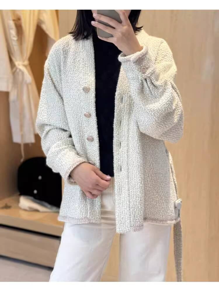 Autumn Winter New Off-White Wool Coat Wide-Leg Bathrobe Tweed Top Pants Socialite Celebrity Style Set
