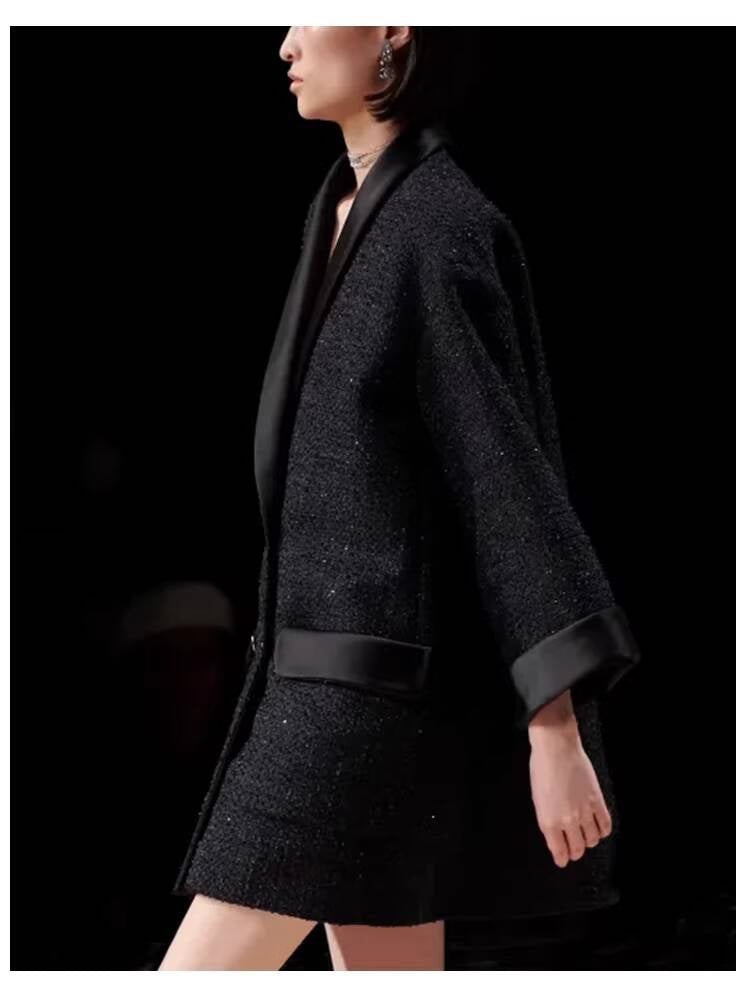 Shiny Silk  Style Coat for Women, Socialite Autumn Winter New Black Loose Blazer, Thickened Mid-Length Tweed Overcoat