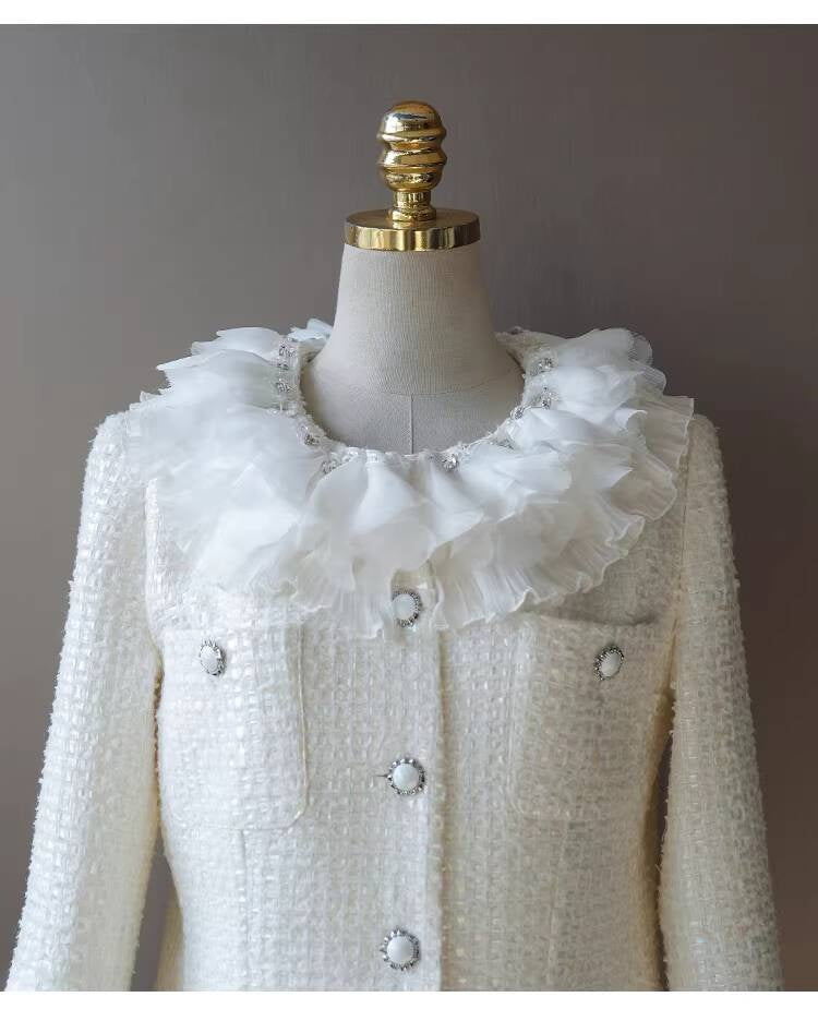 Style White Tweed Suit for Women, Autumn Winter, Socialite Jacket Shorts, Slimming and Elegant High-End Women's Clothing