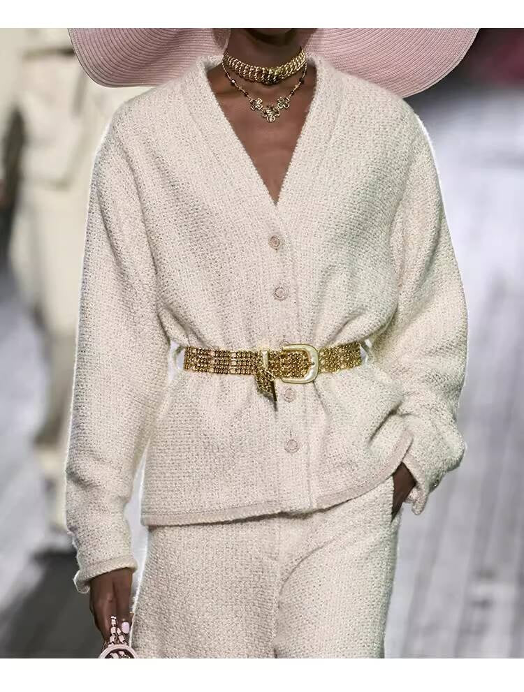 Autumn Winter New Off-White Wool Coat Wide-Leg Bathrobe Tweed Top Pants Socialite Celebrity Style Set