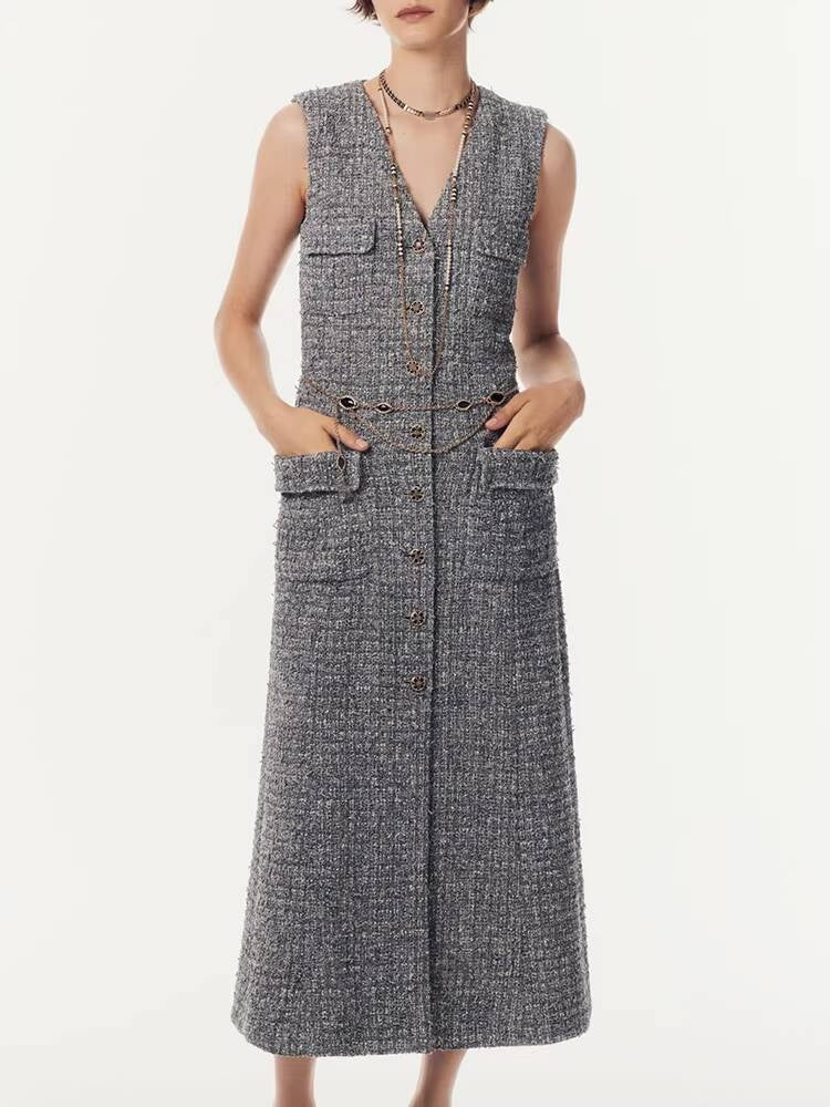 Spring Summer Little  Style Women Mid-Length High-End Modern Gray Slim Fit Tweed Vest Dress Women's Clothing