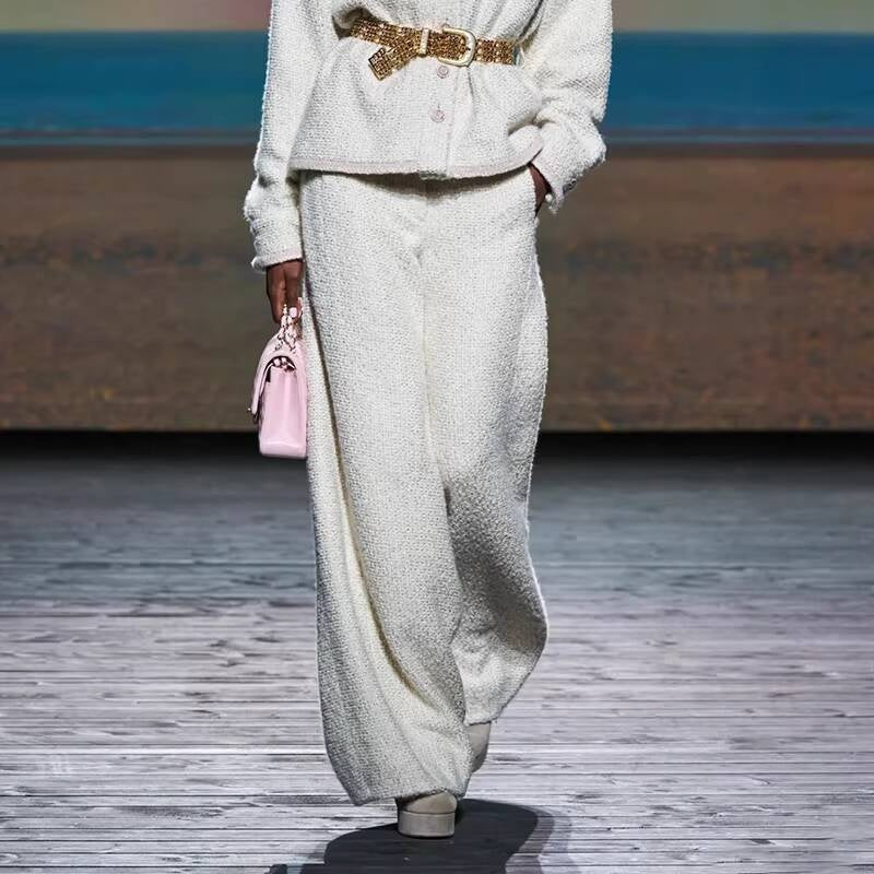 Autumn Winter New Off-White Wool Coat Wide-Leg Bathrobe Tweed Top Pants Socialite Celebrity Style Set