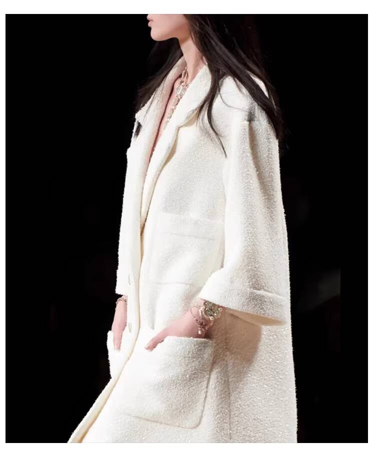 Shiny Silk  Style Coat for Women, Socialite Autumn Winter New Black Loose Blazer, Thickened Mid-Length Tweed Overcoat