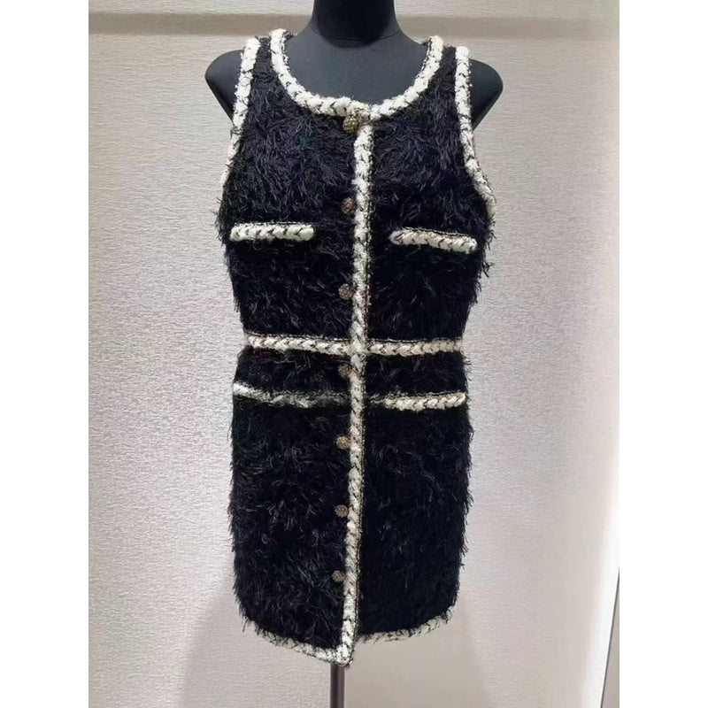 Wool Tweed Coat Women's Dress Black Gold Button Color-Block Suit Slimming Fashion Rich Girl Style