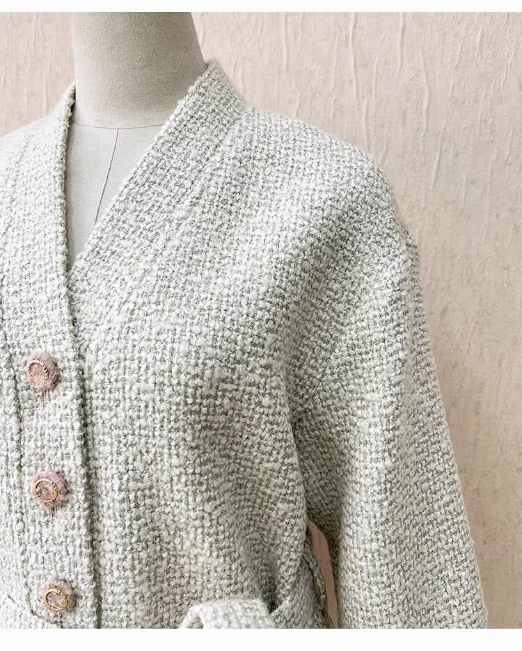 Autumn Winter New Off-White Wool Coat Wide-Leg Bathrobe Tweed Top Pants Socialite Celebrity Style Set