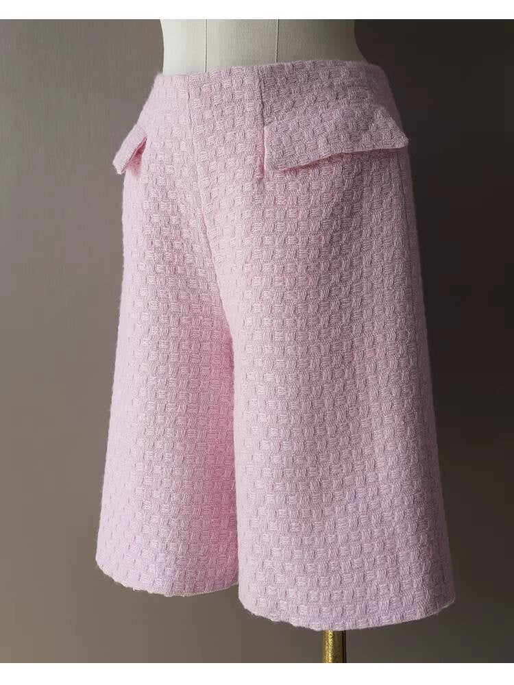 Spring and Autumn Little  Style Socialite Elegant Suit Women's Coat Wide-Leg Mid-Length Pants Wool Tweed High-End Pink Two-Piece Set