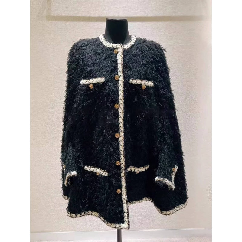 Wool Tweed Coat Women's Dress Black Gold Button Color-Block Suit Slimming Fashion Rich Girl Style