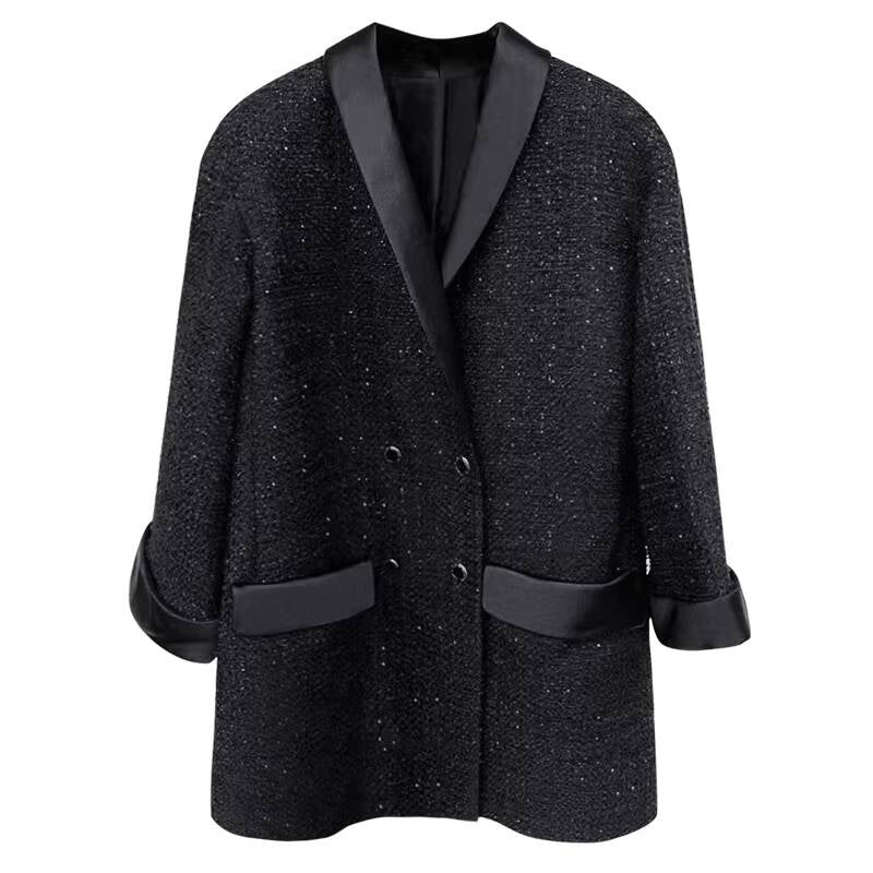 Shiny Silk  Style Coat for Women, Socialite Autumn Winter New Black Loose Blazer, Thickened Mid-Length Tweed Overcoat