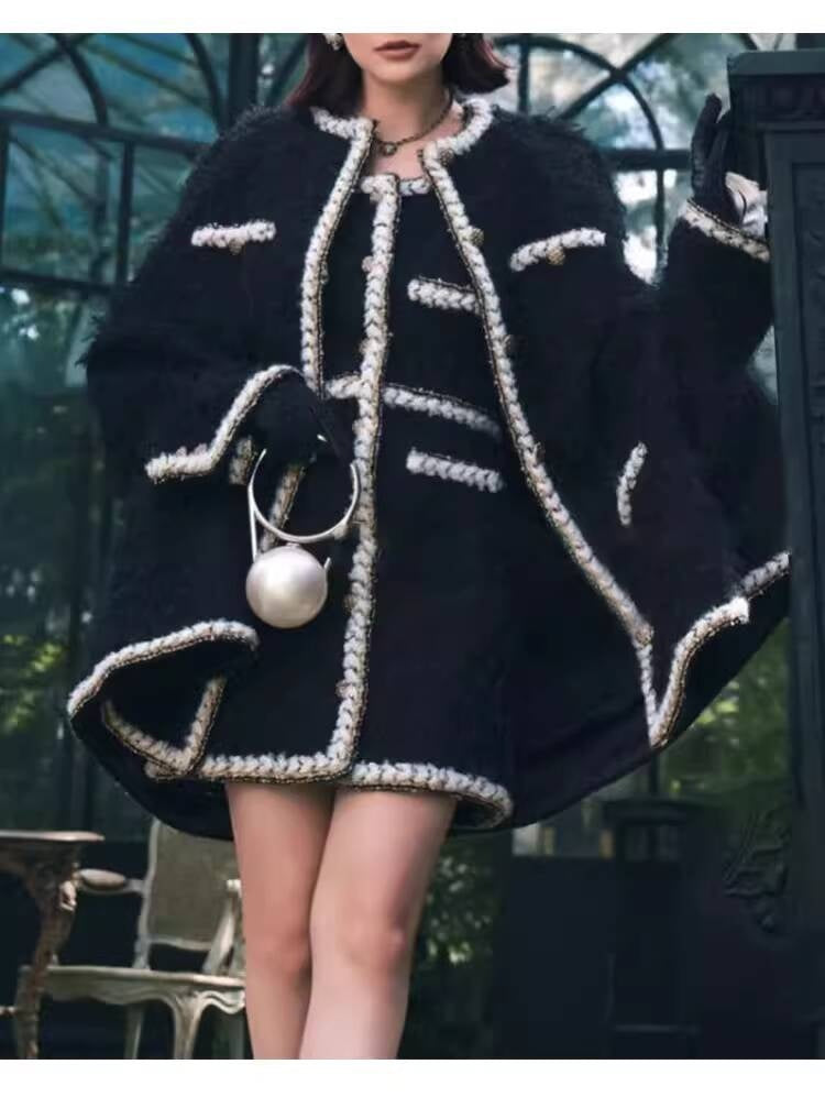 Wool Tweed Coat Women's Dress Black Gold Button Color-Block Suit Slimming Fashion Rich Girl Style