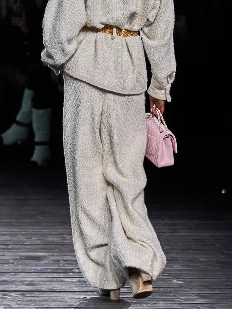 Autumn Winter New Off-White Wool Coat Wide-Leg Bathrobe Tweed Top Pants Socialite Celebrity Style Set