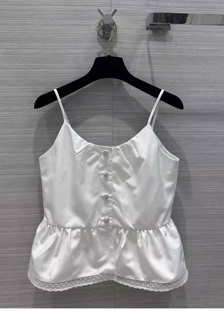 Summer New Little  Style Camisole for Women, Waist-Cinching, Slimming, Age-Reducing, Versatile Lace Trim, Pearl Dot Rhinestone Buckle Small Vest