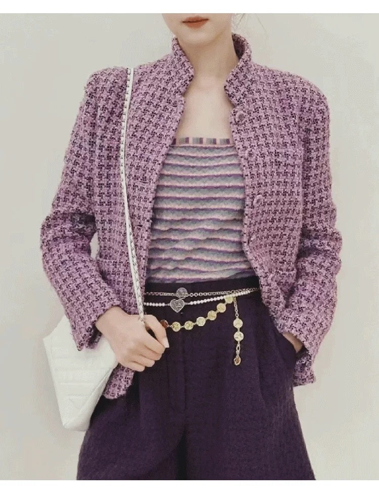 Autumn Winter New High-End Little  Style Wool Coat for Women Purple Plaid Soft Tweed Small Stand Collar Top Socialite Women's Clothing
