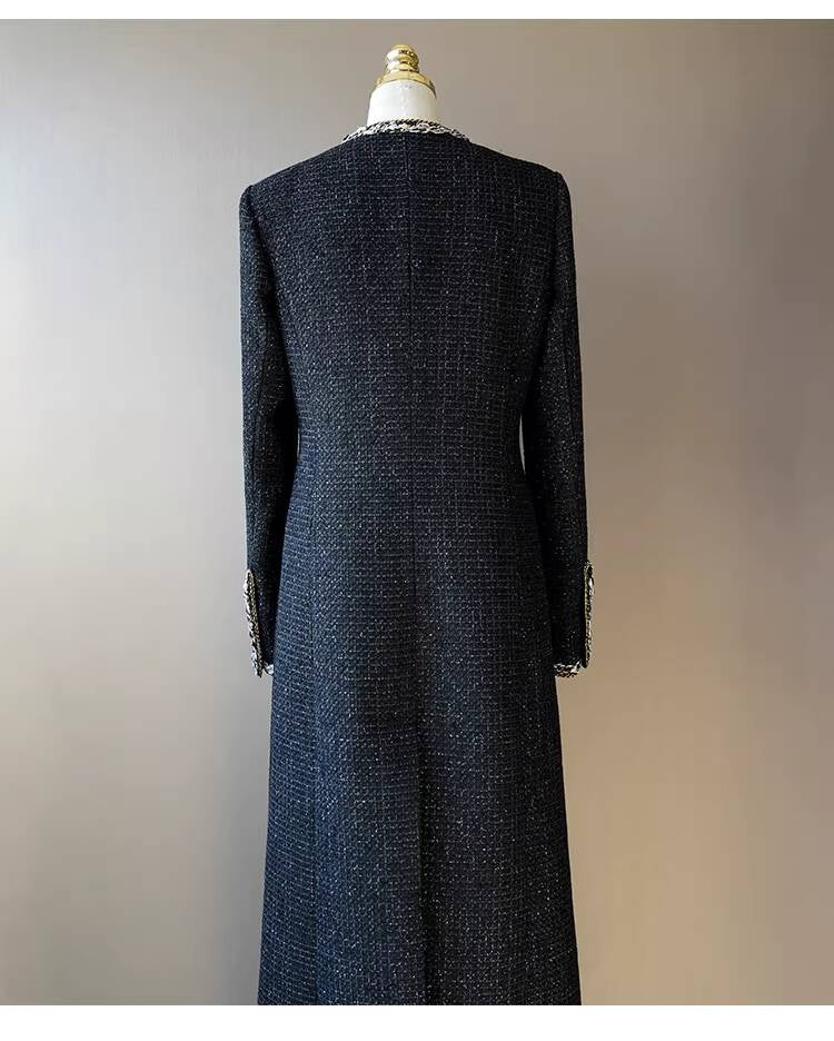 Little  Black Long Style Elegant Coat for Women Mid-Length Metal Buckle Decorated Wool Tweed