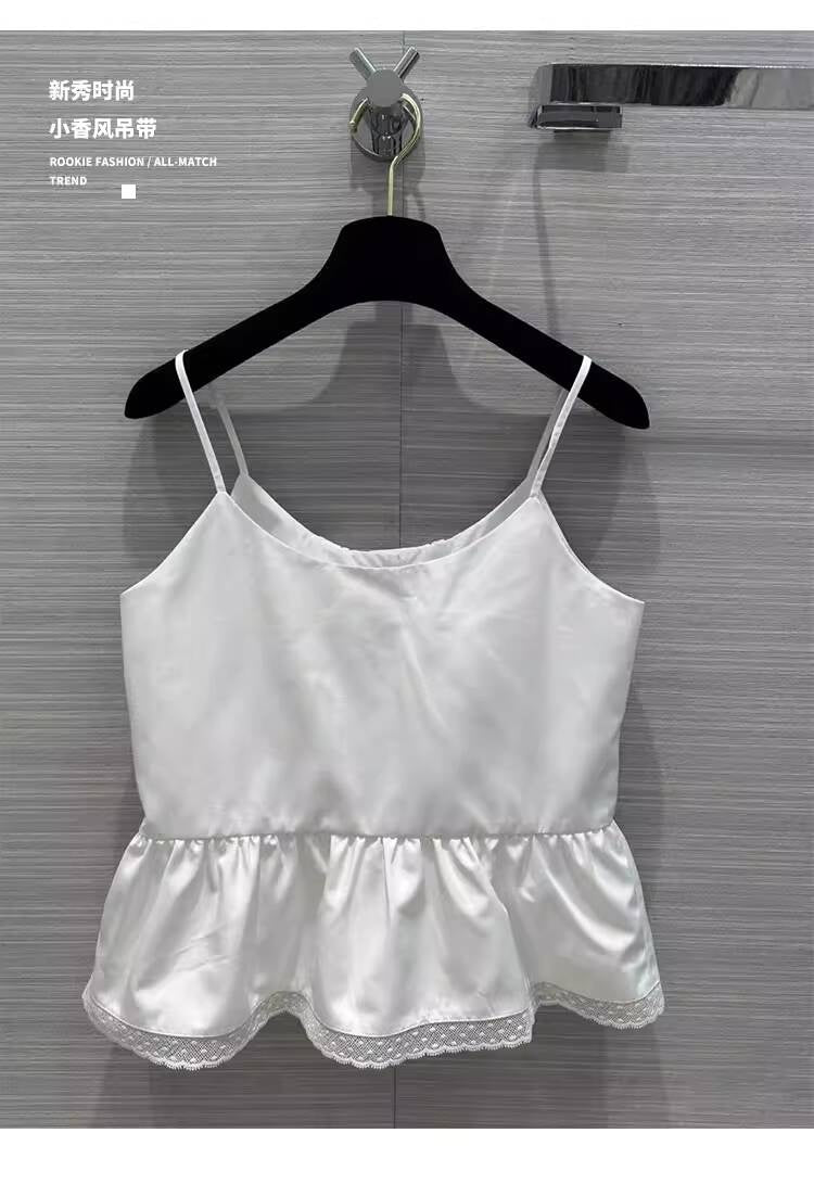 Summer New Little  Style Camisole for Women, Waist-Cinching, Slimming, Age-Reducing, Versatile Lace Trim, Pearl Dot Rhinestone Buckle Small Vest