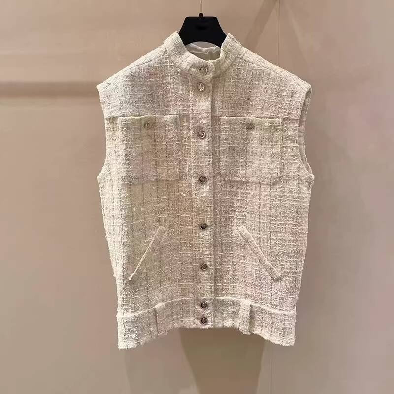 Spring Summer New Style Little  Suit Vest Jacket Waistcoat Mid-Length Wide-Leg Pants Sequin Tweed Socialite Two-Piece Set