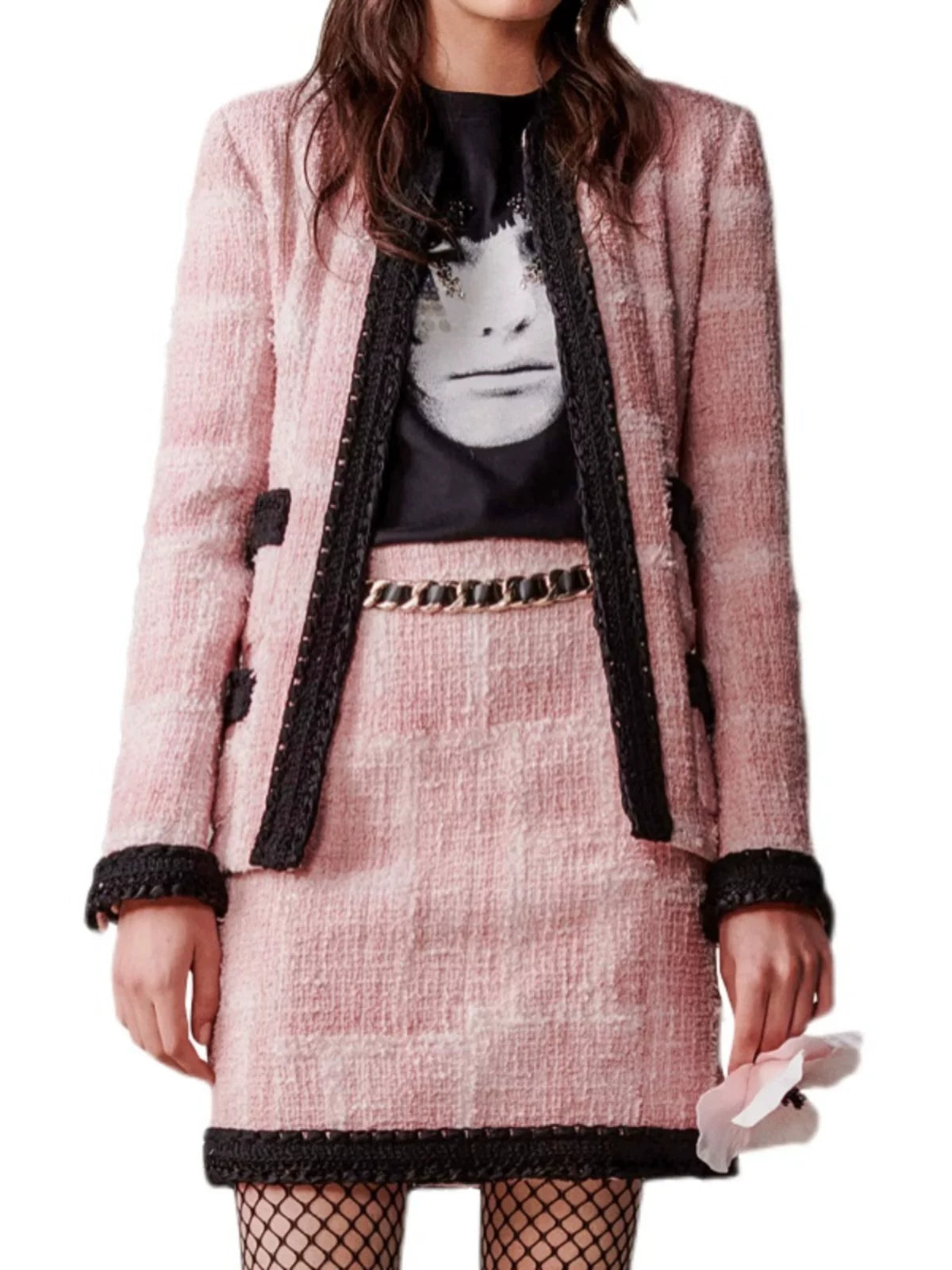 25 short coat and skirt women's new two-piece set vacation series pink tweed splicing spring and autumn set