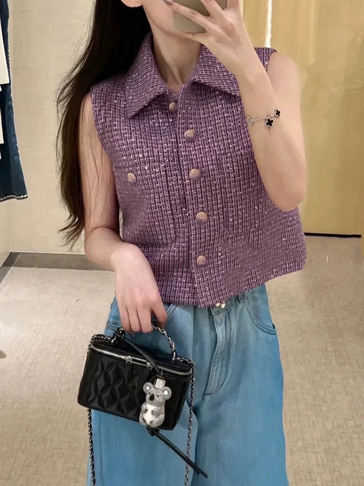 New vest shorts skirt set haute couture wool tweed premium sequins purple temperament women's clothing