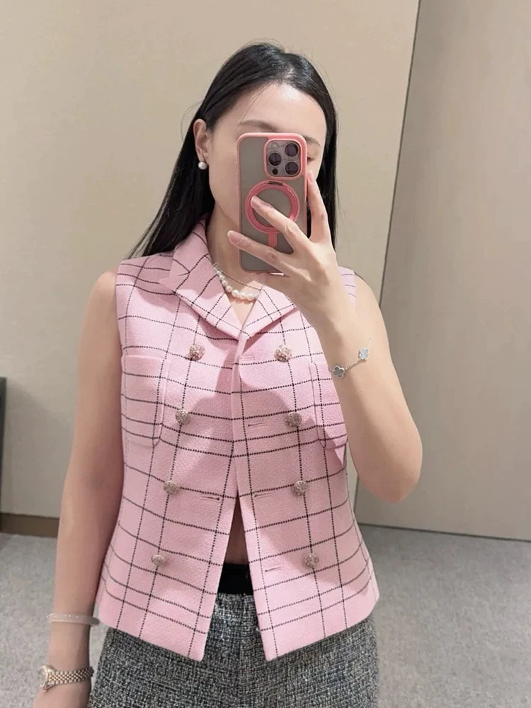 Jacket Women's Spring and Summer Thin Wool Commuter Suit Collar Double-breasted Plaid Vest Celebrity Temperament Sleeveless Vest