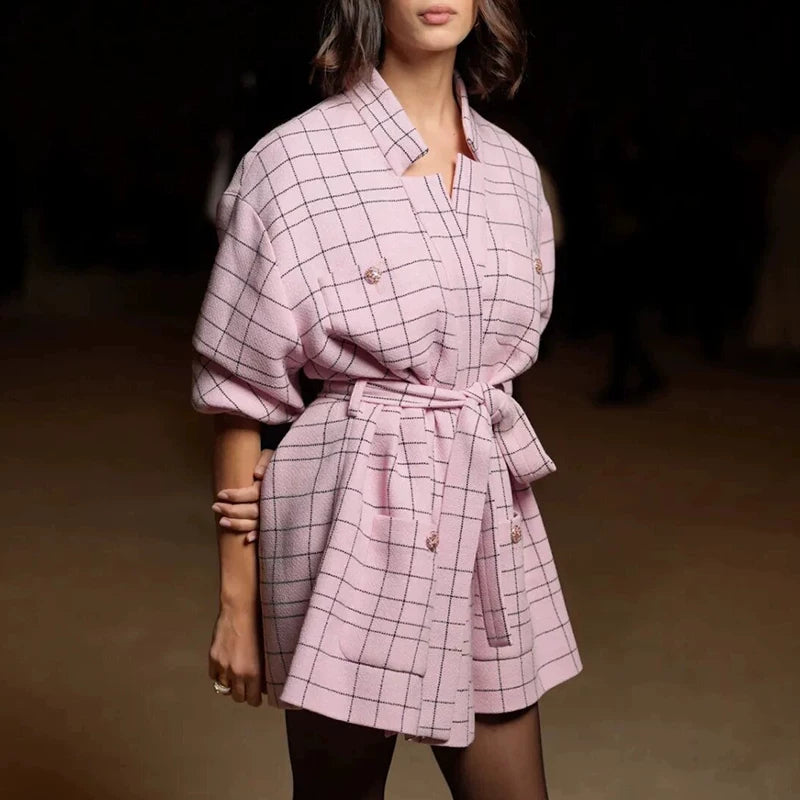 24 new coat women's bathrobe-style lace-up jacket top medium and long pink plaid socialite women's clothing