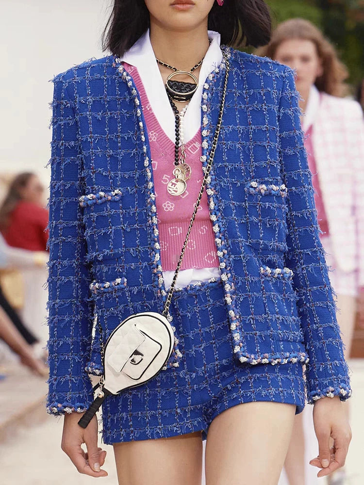 Star Wang Yibo same coat women's blue plaid tweed haute couture celebrity temperament couple top