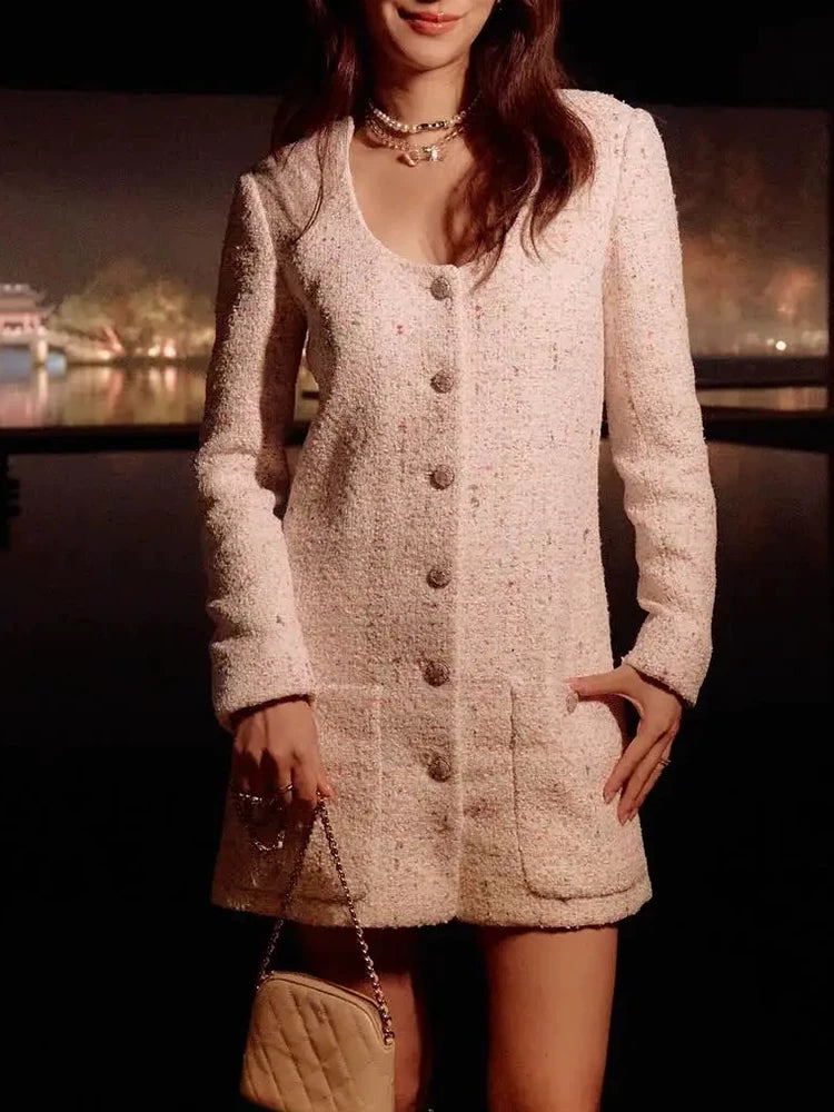 25 spring and summer new coat skirt women's medium and long round neck sequined wool tweed celebrity top women's clothing