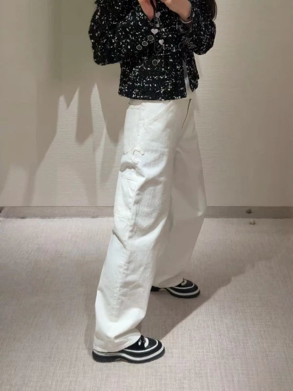 Spring and summer 26ss June, Nanyou haute couture 26 early spring new product side letters double pockets natural waist wash straight wide leg jeans women