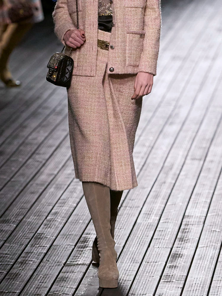 Autumn and winter haute couture coat women's light pink dark compartment four pockets tweed jacket skirt socialite temperament suit