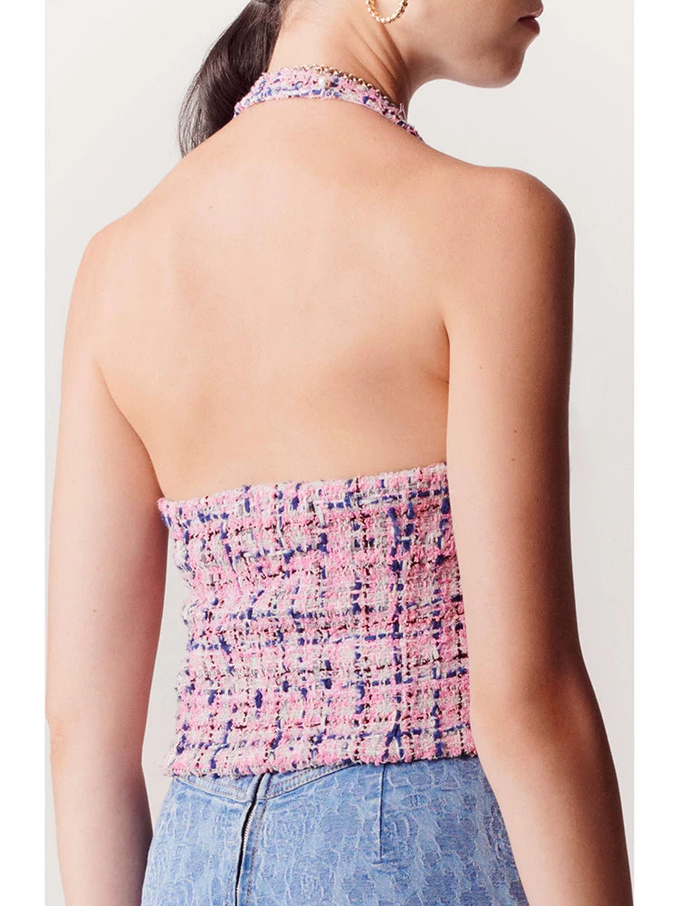 Summer French vest vest for women, neck-hanging plaid backless sexy suspender inside and outside top