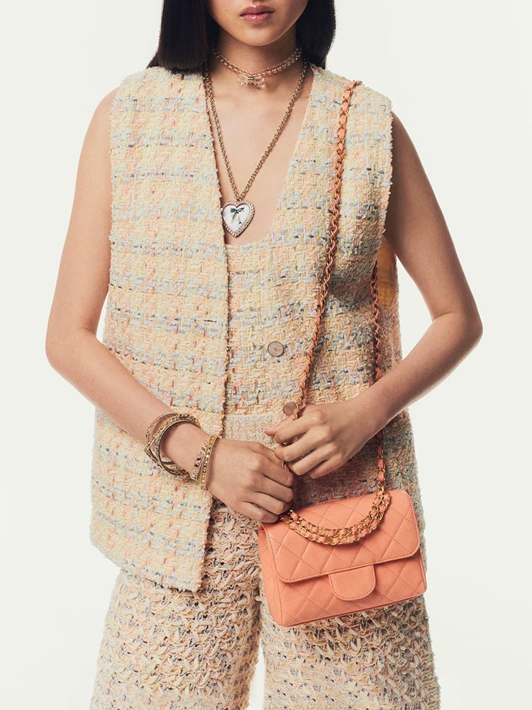 25 New vest women's vest V-neck loose medium and long sleeveless jacket wool tweed woven women's clothing