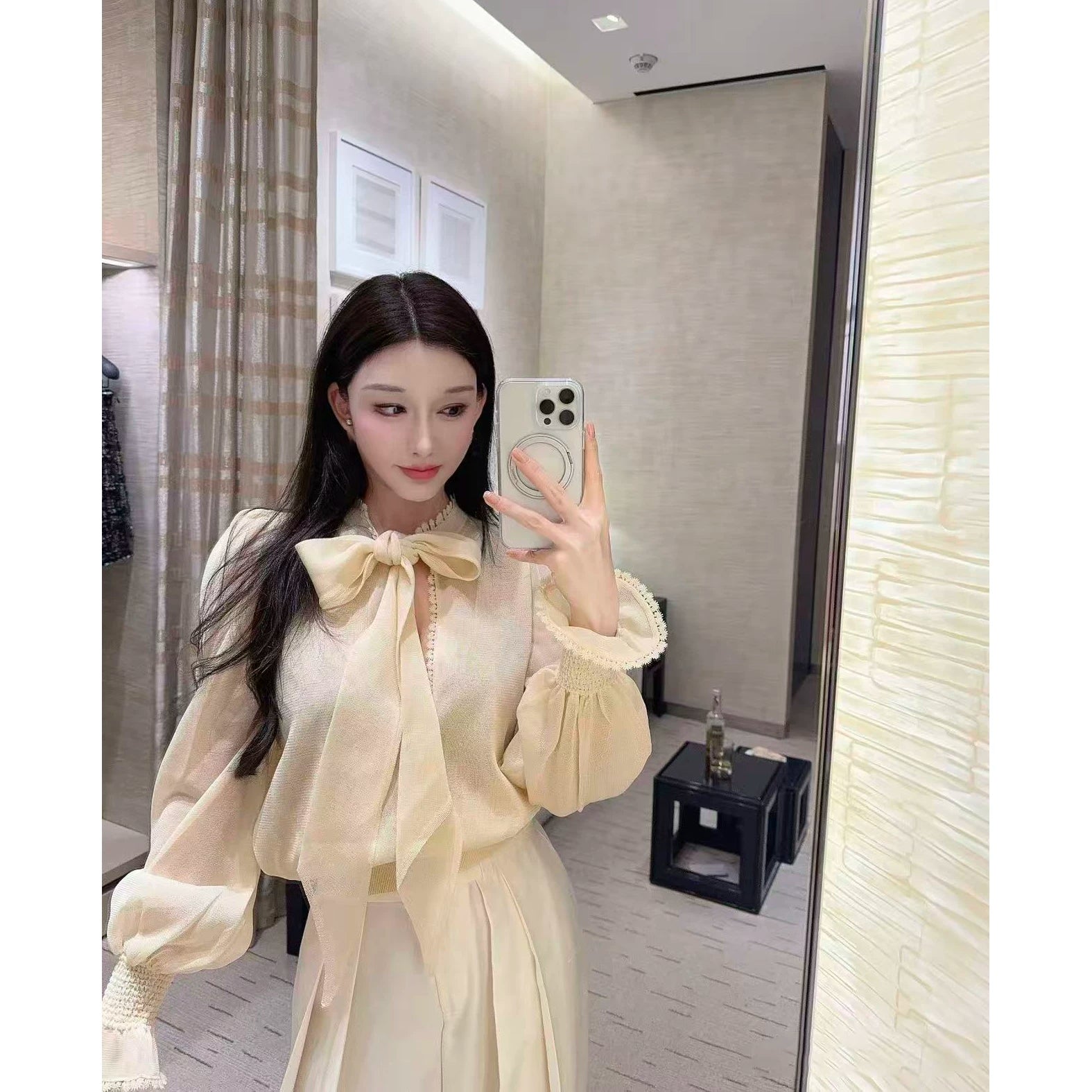 2026 early spring French design bow streamer foreign style cute girl age reducing mulberry silk shirt long sleeve top