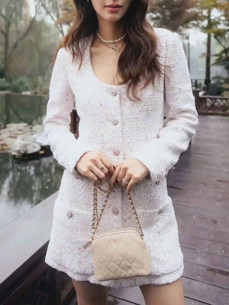 25 spring and summer new coat skirt women's medium and long round neck sequined wool tweed celebrity top women's clothing