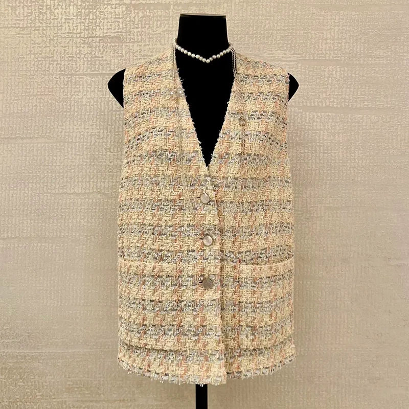 25 New vest women's vest V-neck loose medium and long sleeveless jacket wool tweed woven women's clothing
