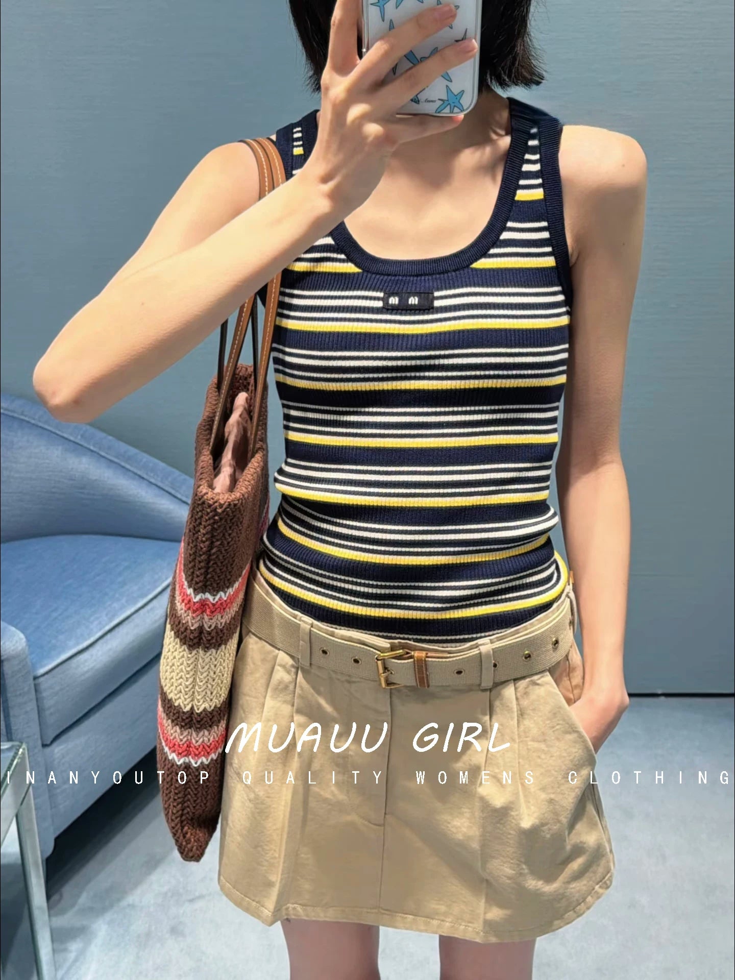 Spring/Summer 26ss June MUAUU GIRL Summer Story! 26SS Alphabet Patch Contrast Color Striped Slim-Fit U-Neck Knitted Vest Top