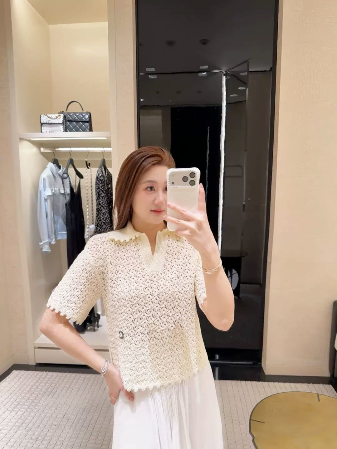 Spring and summer 26ss June, Nanyou 2026 spring and summer new solid color simple lapel hollow short sleeve loose simple versatile knitted sweater top