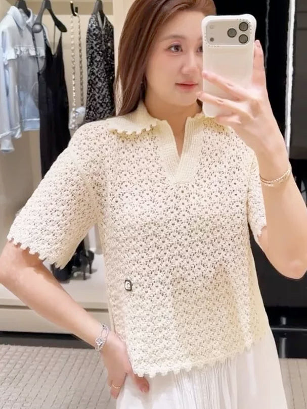 Spring and summer 26ss June, Nanyou 2026 spring and summer new solid color simple lapel hollow short sleeve loose simple versatile knitted sweater top