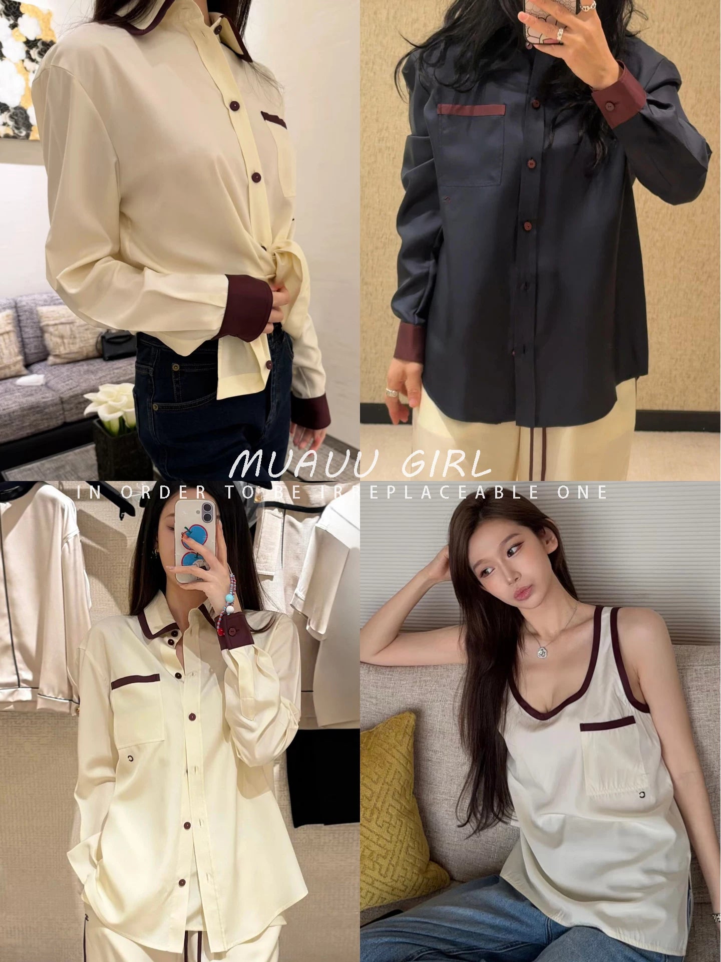 Spring and summer 26ss June MUAUU GIRL Senior Sister Gao Zhi! 26SS commuter style retro contrasting color lapel pocket long-sleeved shirt/vest