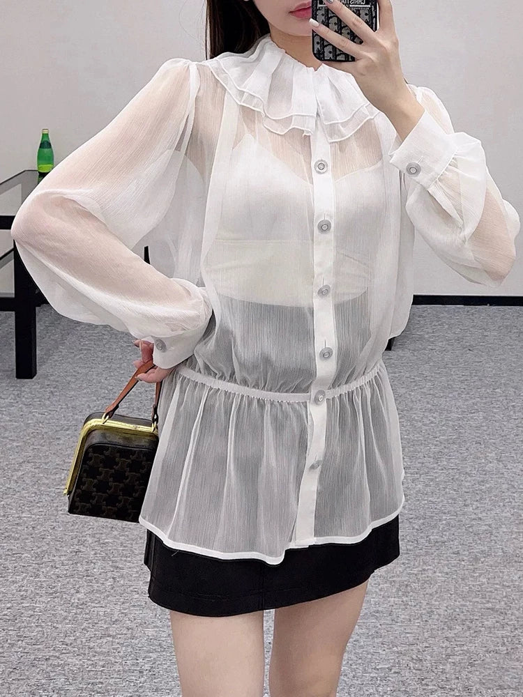 Silk shirt women's loose double-layer lotus leaf collar sexy perspective waist mulberry silk long-sleeved shirt sun protection