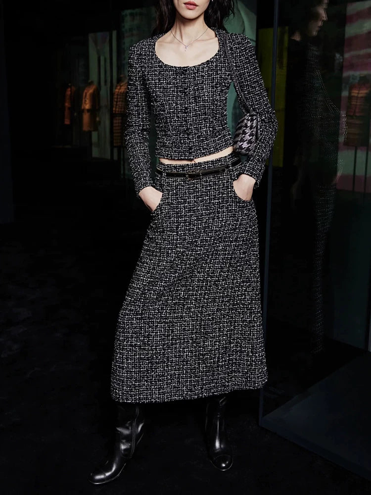 Star Liu Wen same suit jacket long sleeve round neck skirt celebrity temperament wool tweed two-piece set