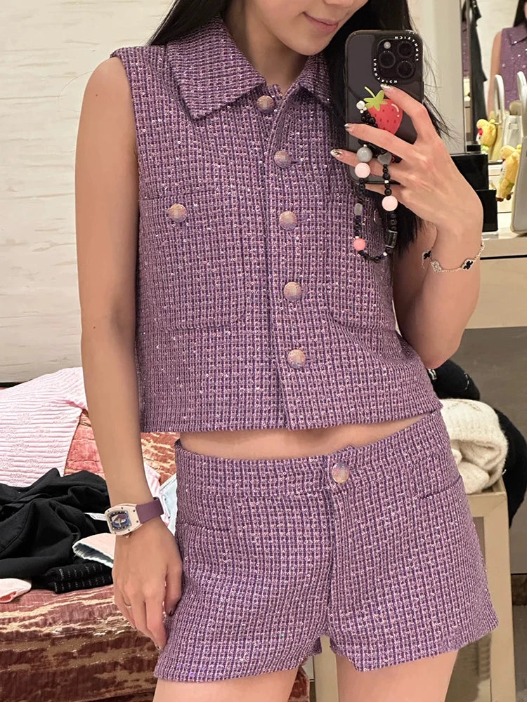 New vest shorts skirt set haute couture wool tweed premium sequins purple temperament women's clothing