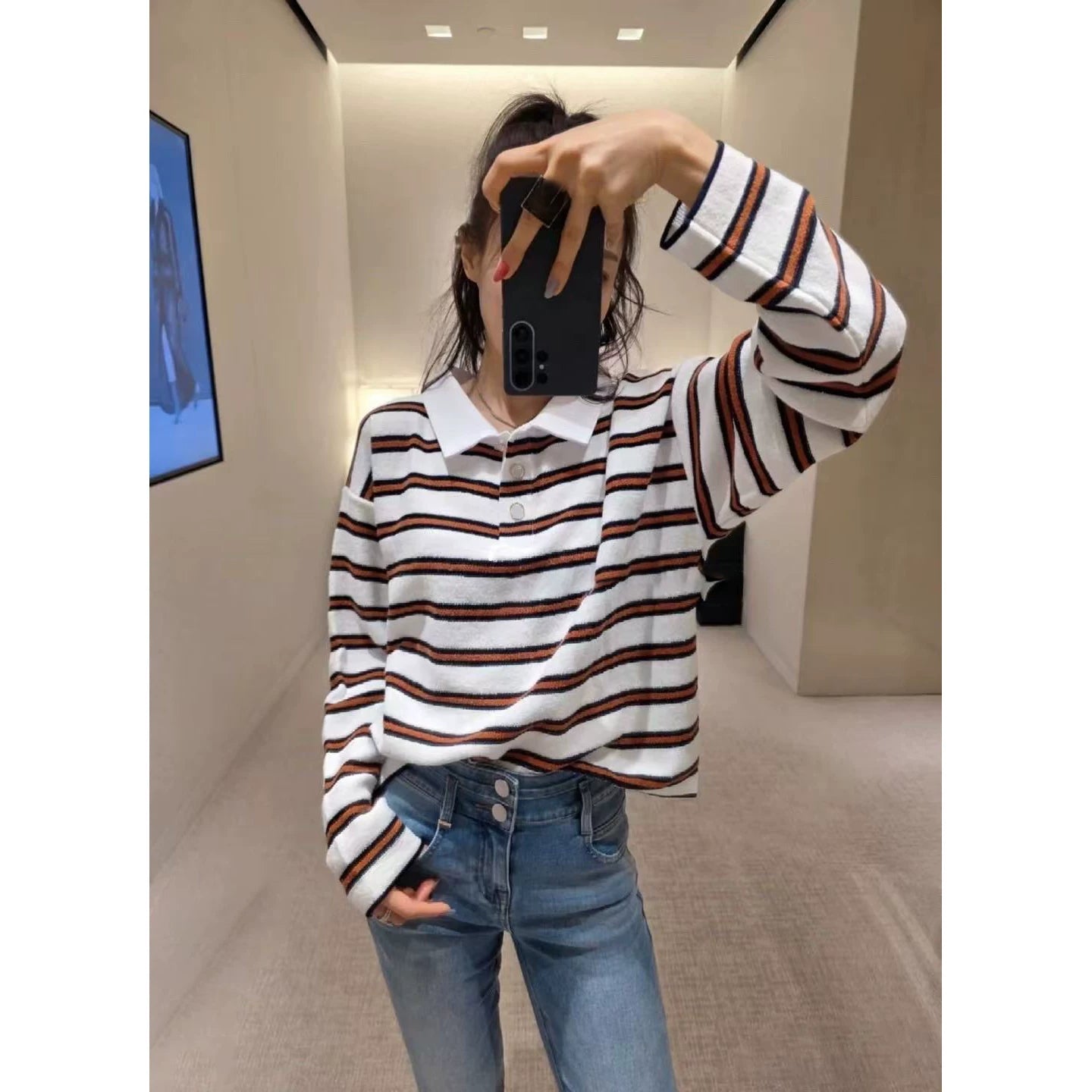 2025 autumn and winter contrasting colors classic age-reducing girl striped polo collar knitted long sleeves + high waist straight wide-leg pants