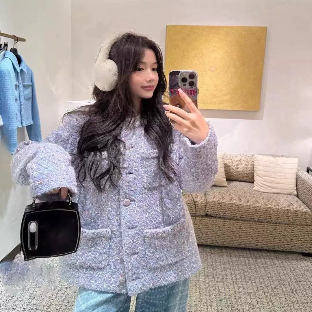 2025 autumn and winter purple letter color versatile double pocket crew neck woven wool tweed medium and long coat women