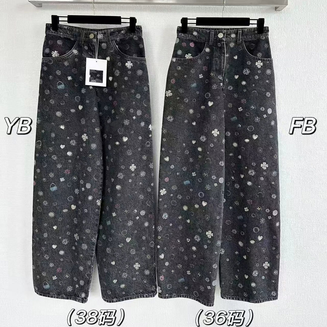 2025 autumn and winter design sense printing washed multi-element high-waisted pants show thin legs long jeans wide-leg pants women