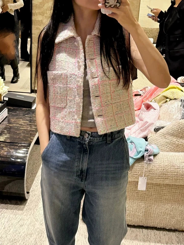 2024 early spring vest women's lapel vest colored plaid tweed celebrity temperament slim top