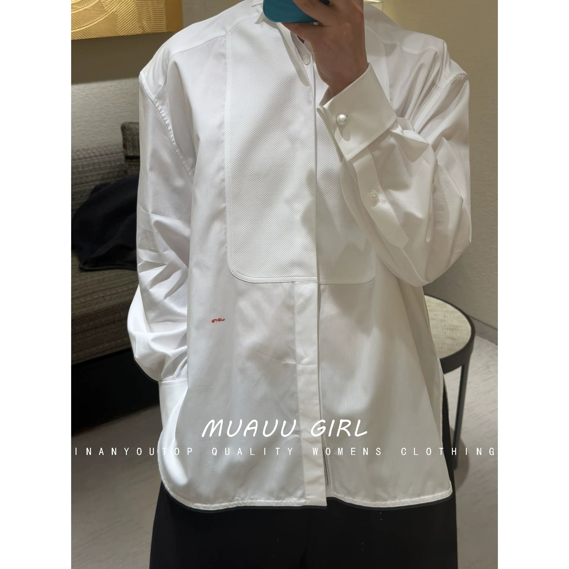 Spring/Summer 26ss June MUAUU GIRL Stylish and Refined! 26SS small stand-collar metal chain detail button decorated long shirt