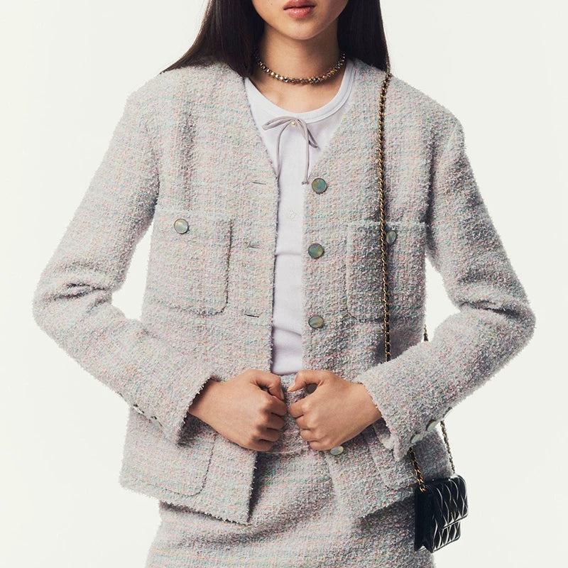 Set 2025 new light luxury high-end short skirt temperament thin early autumn tweed top two-piece set