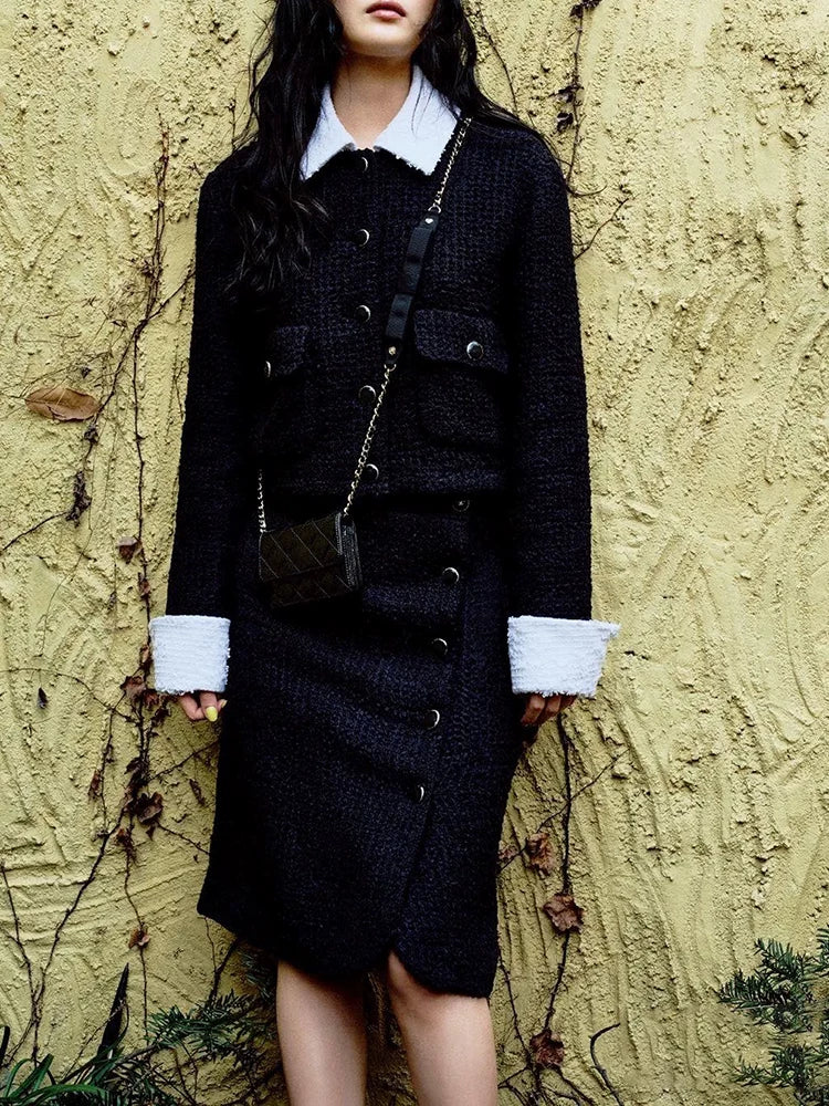 Fake two small fragrant coats female chic socialite new black and white contrasting color long-sleeved wool early autumn tweed short top