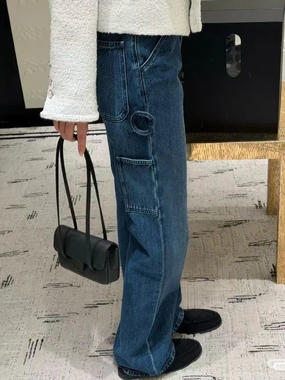 Spring and summer 26ss June, Nanyou haute couture 26 early spring new product side letters double pockets natural waist wash straight wide leg jeans women
