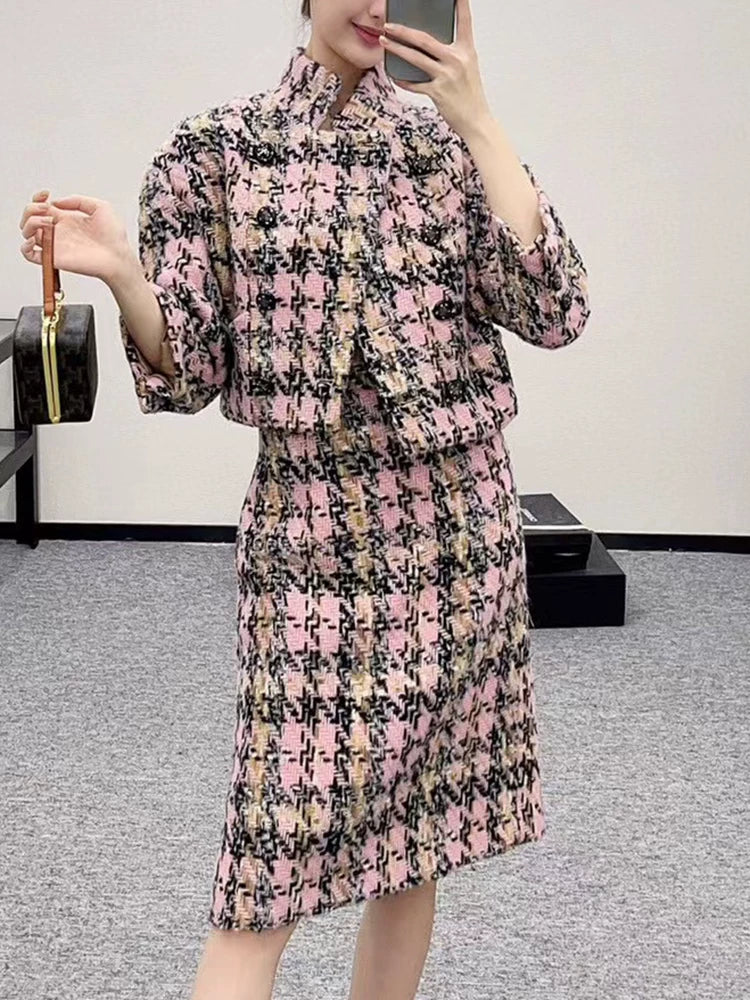 Autumn and winter new jackets, women's stand-up collar skirts, wool knitted tweed pink plaid suits, celebrity women's clothing