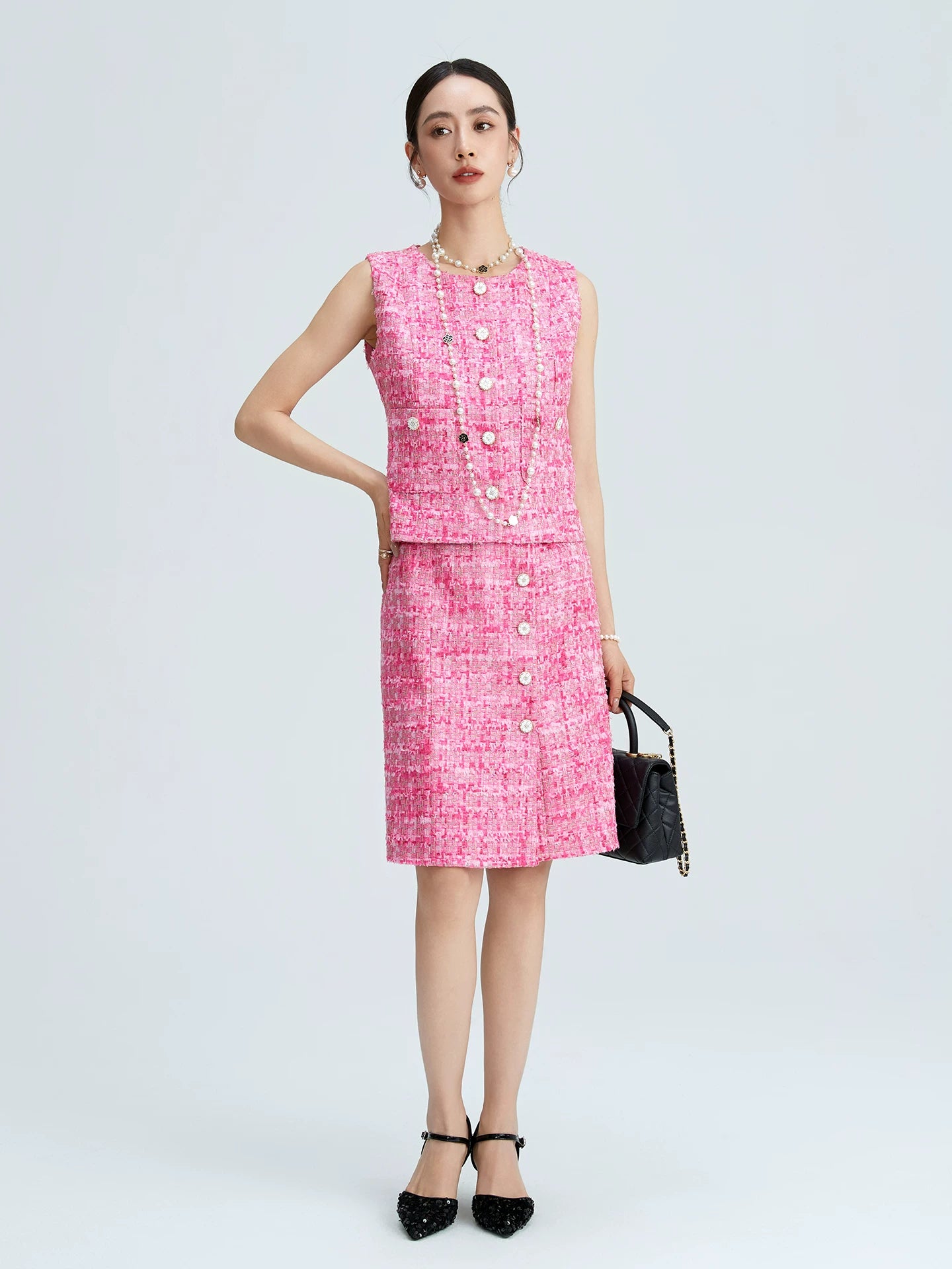 Pink tweed celebrity suit elegant temperament vest vest skirt high-end temperament suit