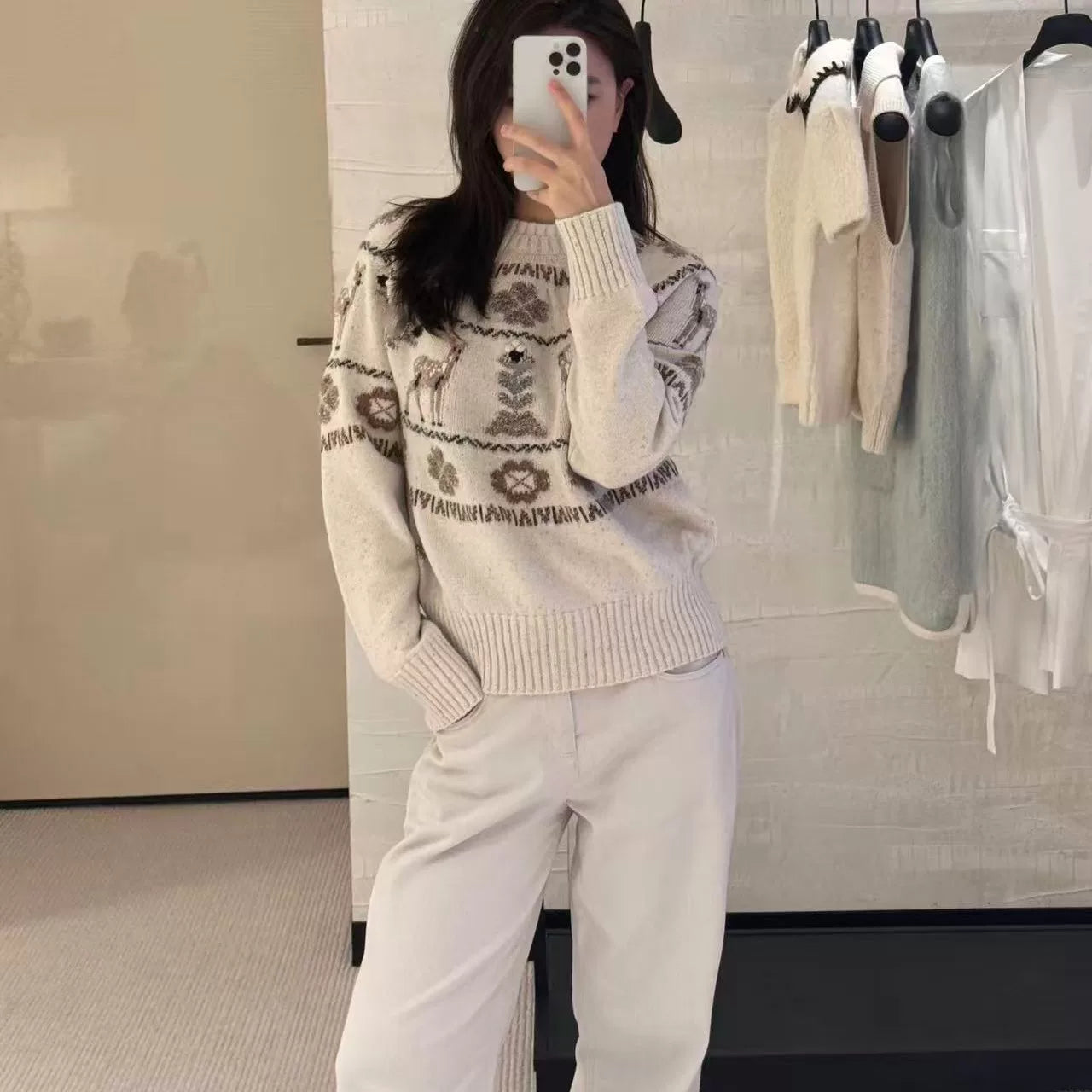 2025 autumn and winter heavy industry animal snowflake multi-element embroidery ski cashmere brown knitted cardigan pullover long sleeve